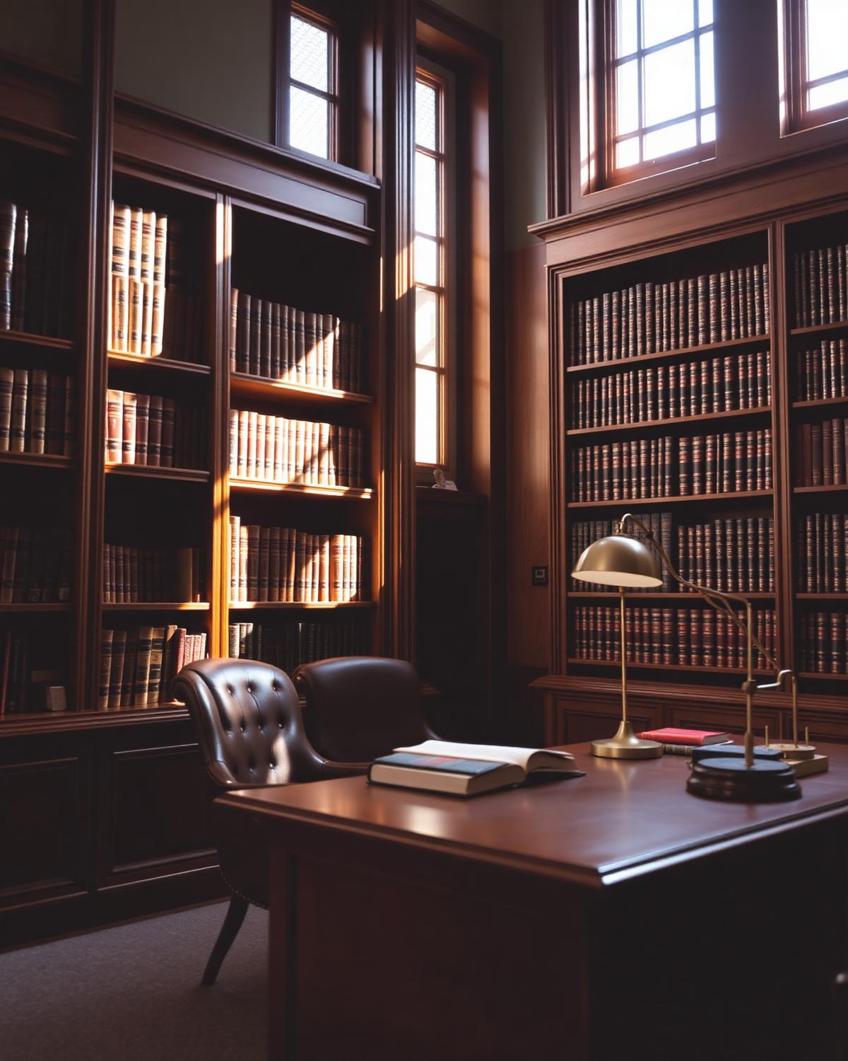A quiet, sunlit legal consultation office with warm wooden bookshelves